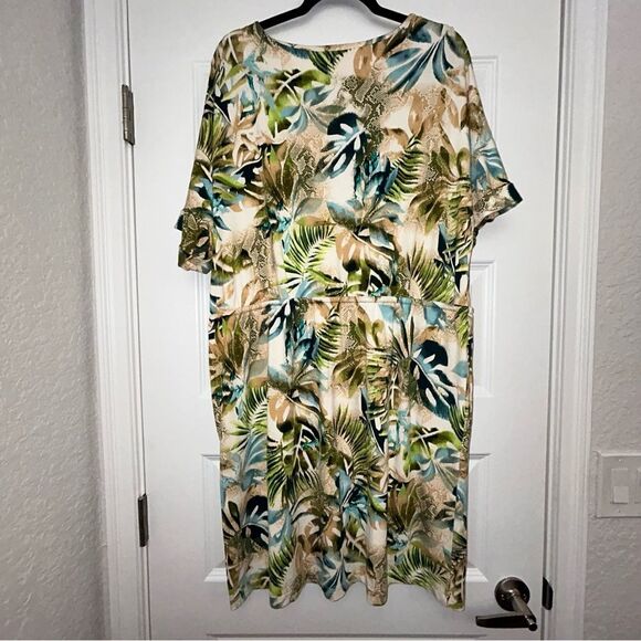 Chico’s Split Neck Tropical Snakeskin Print Short Sleeve Tunic Dress Chicos - Picture 12 of 13